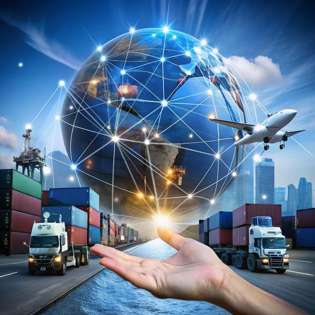 This may contain: a person holding out their hand in front of a globe with cargo trucks and planes