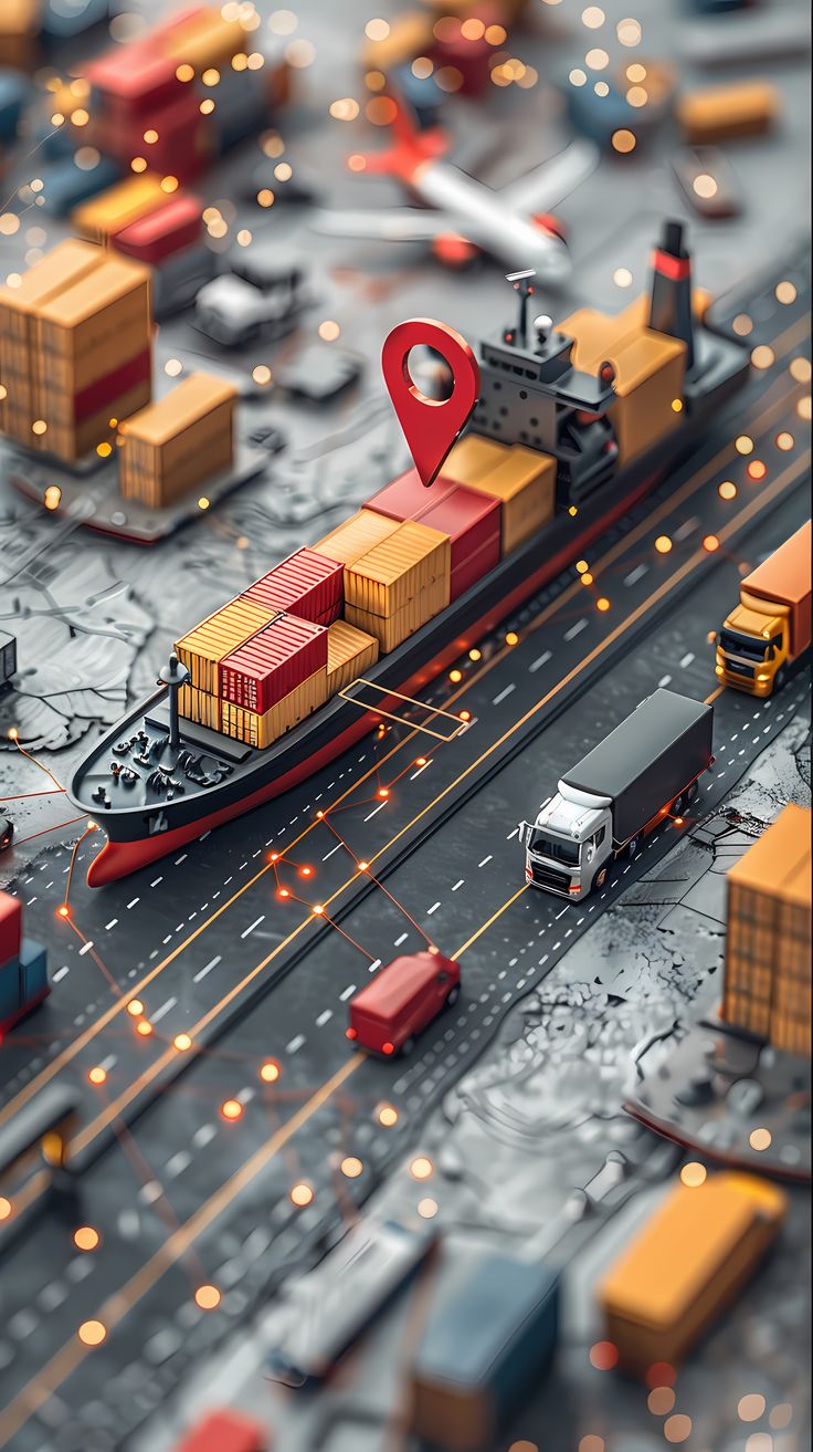 This may contain: an aerial view of a cargo ship in the middle of a busy road with cars and trucks