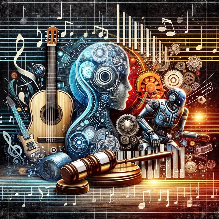 This may contain: an artistic painting with musical instruments and music notes in the shape of a woman's head